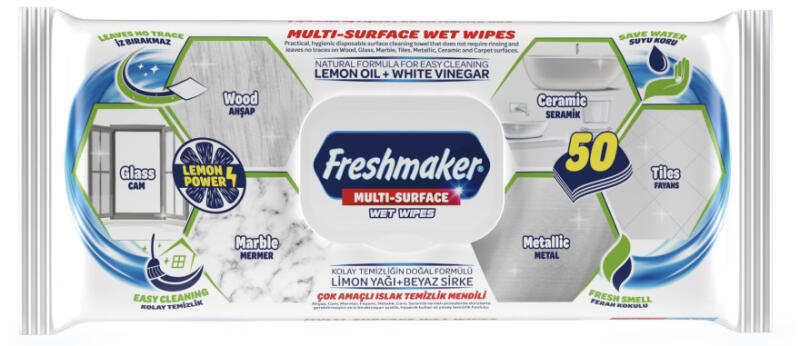 Freshmaker Multi Surface általános felülettisztító nedves törlőkendő visszazárható fedéllel 50 lapos