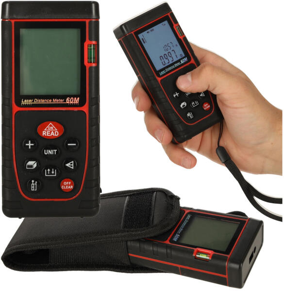 Lézeres távolságmérő digitális vízálló IP54 3mm/60m tokban, elemmel működik