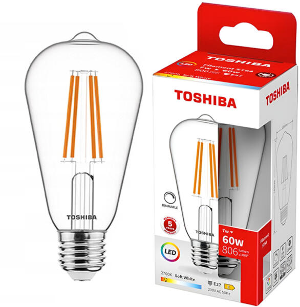 E27 ST64 LED izzó 7W = 60W 806lm 2700K meleg izzószál, szabályozható TOSHIBA (TOSLIG2195)