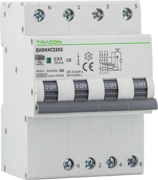 Disjunctor TRACON Disjunctor cu protecţie diferențială, 4P, 4 mod. , curba C C25A ...