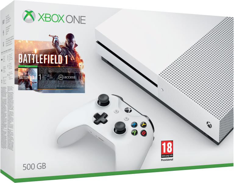 Microsoft Xbox One S (Slim) 500GB + Battlefield 1 Конзоли за игри Цени,  оферти и мнения, списък с магазини