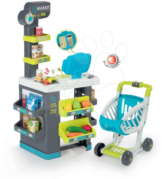 Smoby Supermarket de jucărie cu alimente Market Smoby turcoaz cu casă de  marcat electronică, cititor de cod de bare şi 34 de accesorii (SM350212)  (Cumparatura) - Preturi