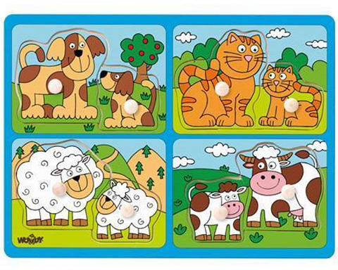Állatok kicsinyükkel fa formaillesztő puzzle fogantyúval (91913)