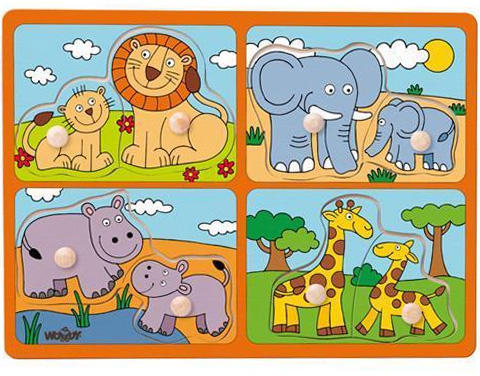 Vadállatok kicsinyükkel fa formaillesztő puzzle fogantyúval (91914)