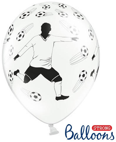 Fehér pasztel lufi, futbalista és labda motivumokkal, 5 db/cs