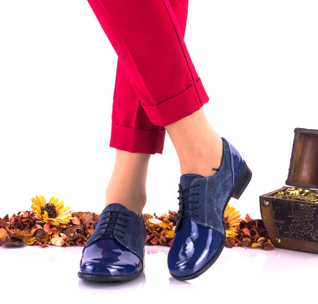 Made In Romania Pantofi dama din piele intoarsa, indigo , si piele lacuita  - NA150E - ciucaleti (Pantof dama) - Preturi