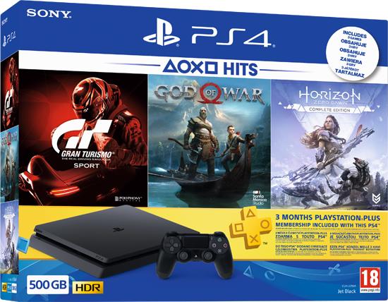 Sony PlayStation 4 Slim 500GB (PS4 Slim 500GB) + PS Hits: Gran Turismo  Sport + God of War + Horizon Zero Dawn Preturi, Sony PlayStation 4 Slim  500GB (PS4 Slim 500GB) +