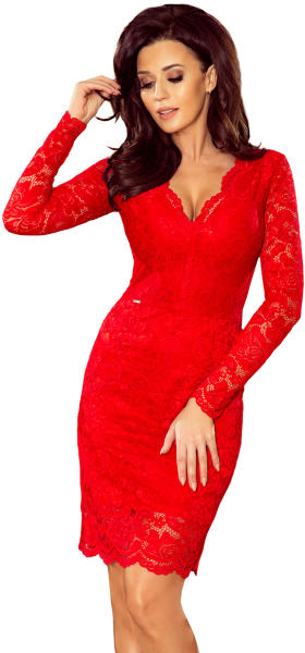 Numoco Червена дантелена миди рокля с дълги ръкави 170-6nmc-1236 - Червен,  размер s, цени на маркови Дамски рокли