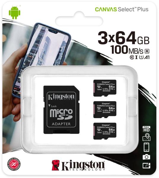 Kingston microSDXC Canvas Select Plus Multi pack 64GB C10/UHS-I SDCS2/64GB-3P1A  (Card memorie) - Preturi