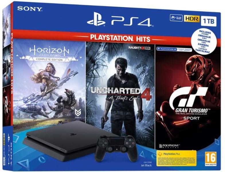 Sony PlayStation 4 Slim 1TB (PS4 Slim 1TB) + PS Hits: Horizon Zero Dawn +  Uncharted 4 + Gran Turismo Sport Конзоли за игри Цени, оферти и мнения,  списък с магазини