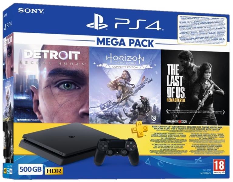 Sony PlayStation 4 Slim Jet Black 500GB (PS4 Slim 500GB) + Mega Pack:  Horizon Zero Dawn + The Last of Us Remastered + Detroit Become Human  vásárolj már 0 Ft-tól