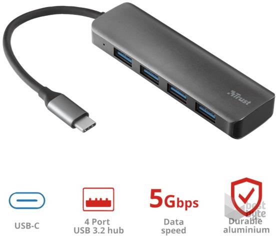 Trust Halyx 4-port Type-C USB 3.2 (23328) Картови четци, USB хъб Цени,  оферти и мнения, списък с магазини, евтино Trust Halyx 4-port Type-C USB  3.2 (23328)