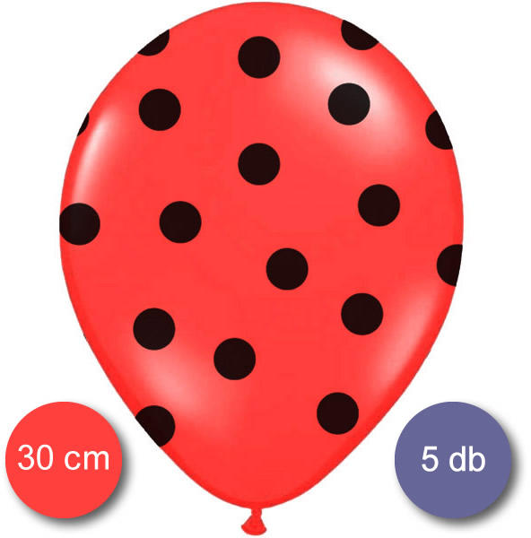 Pöttyös léggömb, 30cm, piros színben, fekete pöttyökkel, 5 db/cs