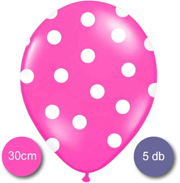 Pöttyös léggömb, 30cm, pink színben, 5 db/cs