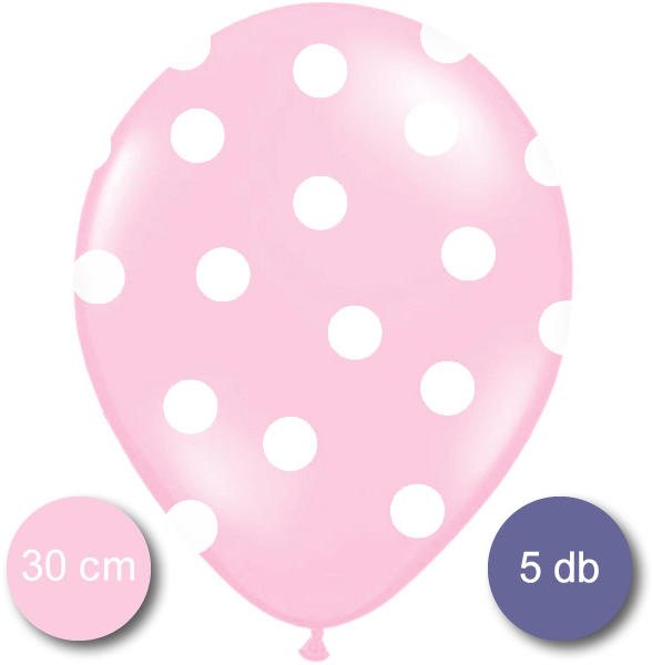 Pöttyös léggömb, 30cm, bébi pink színben, 5 db/cs
