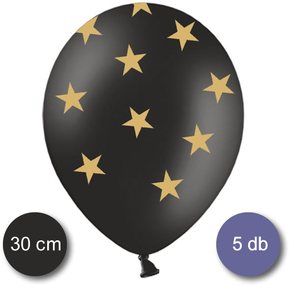 Fekete pasztel lufi, arany csillagokkal, 5 db/cs