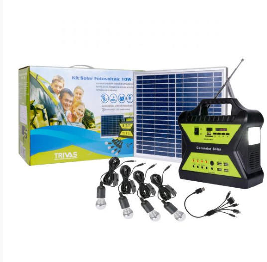 Set generator de curent cu panou solar 30 W, acumulator 12V/17Ah, 6 becuri  LED, lanterna, 4xUSB, radio & MP3 player (Sistem solar) - Preturi
