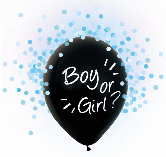 Babaváró latex léggömb, Boy or Girl felirattal, kék konfettivel, 4db/cs