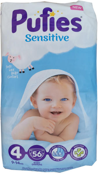Ficosota PUFIES sensitive бебешки пелени, номер 4, 9-14кг, 56 броя,  справочник с цени от бебешки онлайн магазини