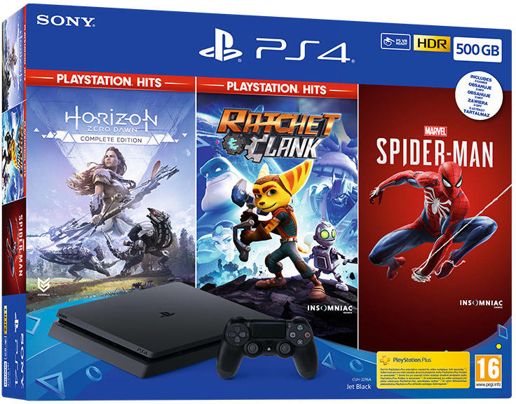 Sony PlayStation 4 Slim 500GB (PS4 Slim 500GB) + PS Hits: Horizon Zero Dawn  + Ratchet & Clank + Marvel Spider-Man Preturi, Sony PlayStation 4 Slim  500GB (PS4 Slim 500GB) + PS