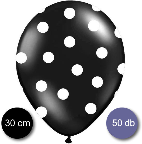 Pöttyös léggömb, nagy csomag, 30cm, fekete színben, 50 db/cs