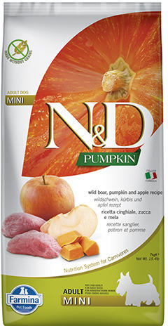 Farmina N&D Pumpkin Mini Adult Boar & Apple - храна за кучета в зряла  възраст от дребни породи с глиганско, тиква и ябълка; без зърнени култури  7.00 кг Храна за кучета Цени,