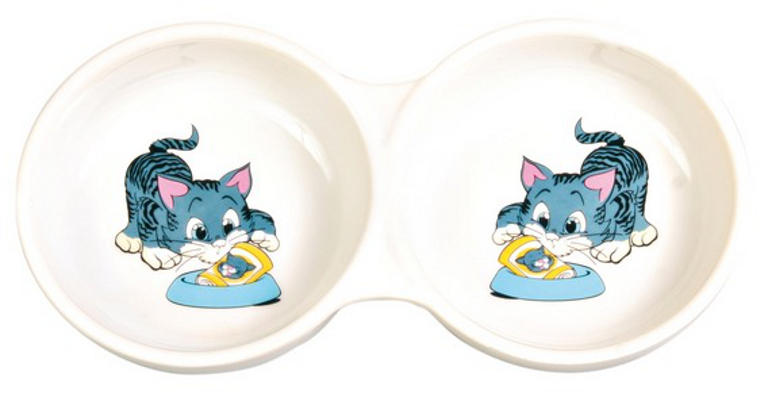 TRIXIE Bol ceramic dublu pentru pisici, cu desene animate alb (Castron  pentru pisici) - Preturi