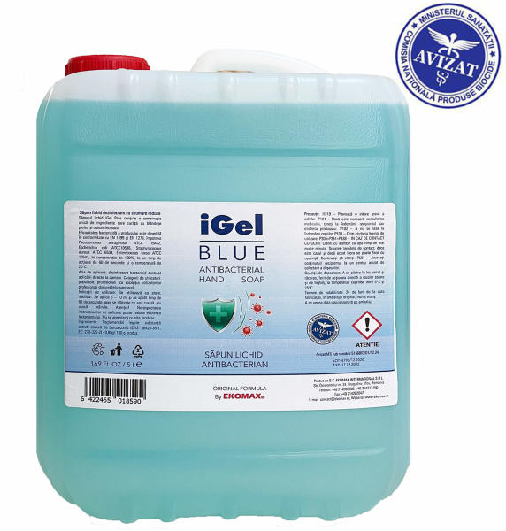 Sapun lichid antibacterian si dezinfectant pentru dispensere EKOMAX iGel  Blue, 5 L