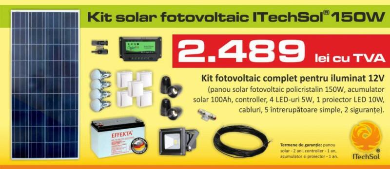 Kit (sistem) solar fotovoltaic ITechSol® 150W pentru iluminat 12V  (KIT150WM12V) (Sistem solar) - Preturi