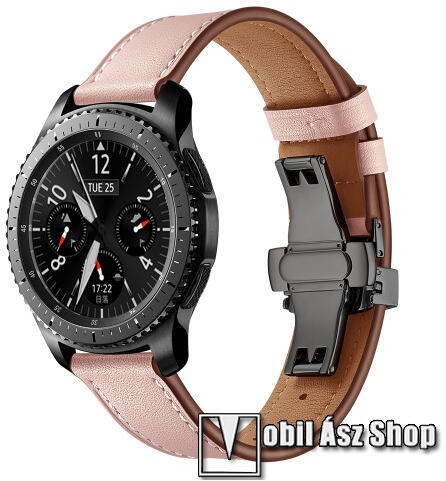 Vásárlás: Okosóra szíj - FEKETE / RÓZSASZÍN - valódi bőr, pillangó csat,  120mm + 80mm hosszú, 22mm széles, 165mm-től 220mm-es méretű csuklóig  ajánlott - SAMSUNG Galaxy Watch 46mm / Watch GT2 46mm /