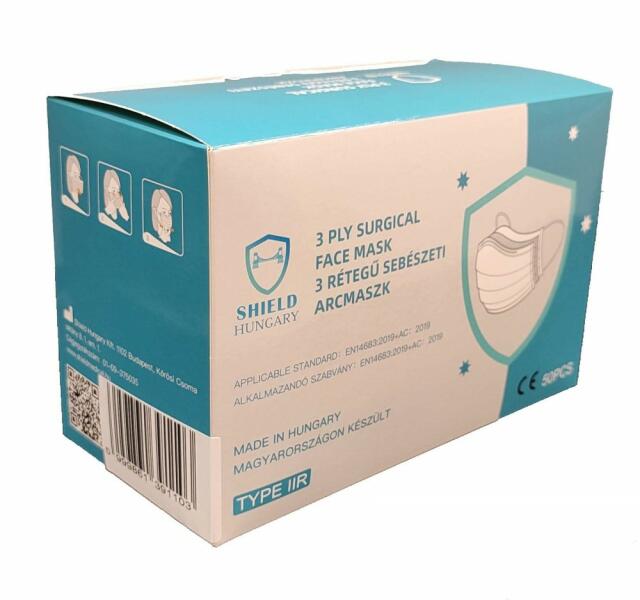 Shield 3 rétegű prémium kék maszk 50 db dobozonként, sebészeti szájmaszk  csomagban, orvosi maszk