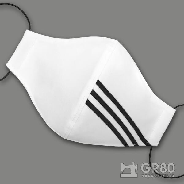 Csíkokkal hímzett pamut textil maszk (szájmaszk / arcmaszk), 3 rétegű, PP  szűrős, fehér színű