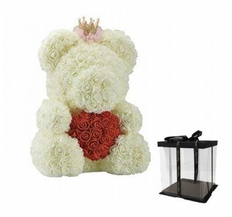 Vistar Ursulet Floral BIG 40 cm DeLuxe Queen Alb cu Inimioara Rosie cu  coronita + cutie de cadou ManiaMagic (KRB-77460561) (Flori) - Preturi