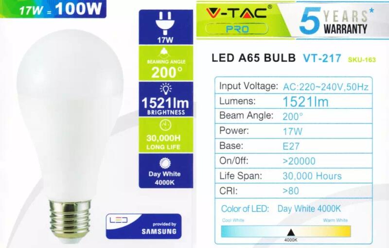 Vásárlás: V-TAC Pro 17W opál LED izzó E27 (középfehér) (vt 217 e27 nw) LED  izzó árak összehasonlítása, Pro 17 W opál LED izzó E 27 középfehér vt 217 e  27 nw boltok