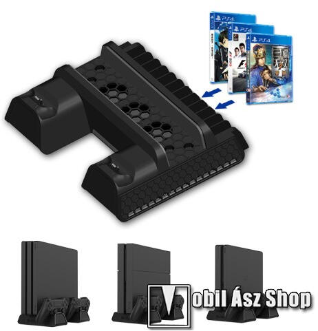 PS4/PS4 Slim/PS4 Pro konzol-hoz hűtő / állvány / kontroller töltőállomás /  játék tartó - hűtőventilátor, 12 játék tárolására alkalmas, egyszerre 2  kontroller tölthet vele, 250 x 205 x 68mm - FEKETE játék