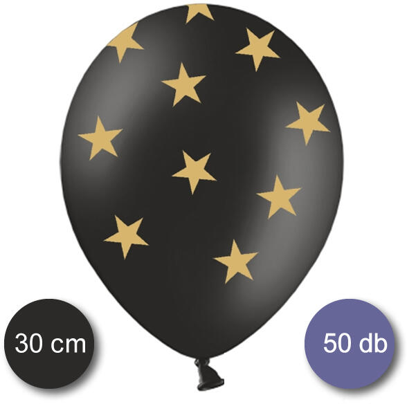 Fekete, nagy csomag, pasztel lufi, arany csillagokkal, 50 db/cs