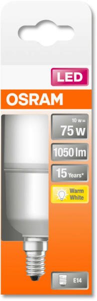 Vásárlás: OSRAM Star rúd alakú LED, matt búra, 10W 1050lm 2700K E14,  átlagos élettartam: 15000 óra, fényszín: meleg fehér LED ST STICK 75 FR 10W  2700K E14 ( 4058075428386 ) (4058075428386) Izzó