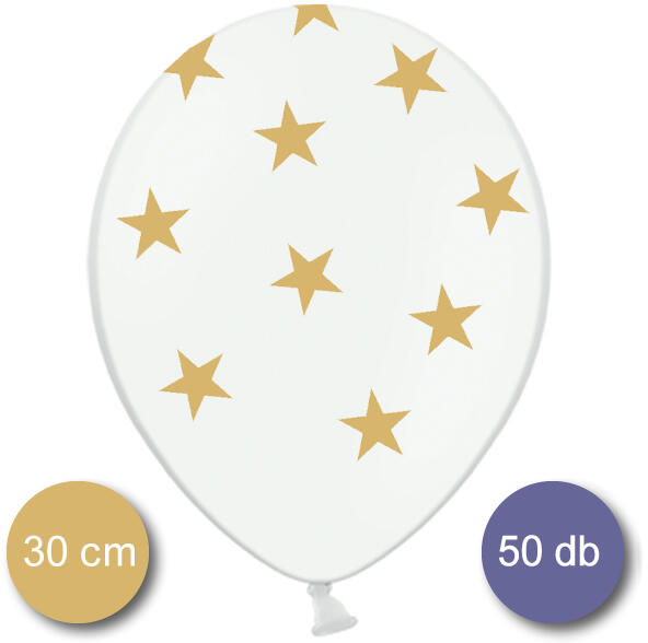 Léggömb, nagy csomag, fehér, arany csillagokkal, 30cm, 50 db/cs