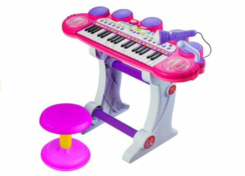 LeanToys Orga electrica pentru copii, cu stativ, scaun, microfon si slot  USB, LeanToys, roz, 3466 (Instrument muzical de jucarie) - Preturi