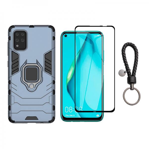 krasscom Set protectie 2 in 1 pentru Huawei P40 Lite cu husa hybrid antisoc  cu stand inel si folie sticla ceramica fullsize si breloc cadou, dark blue  (HUSET045) (Husa telefon mobil) - Preturi