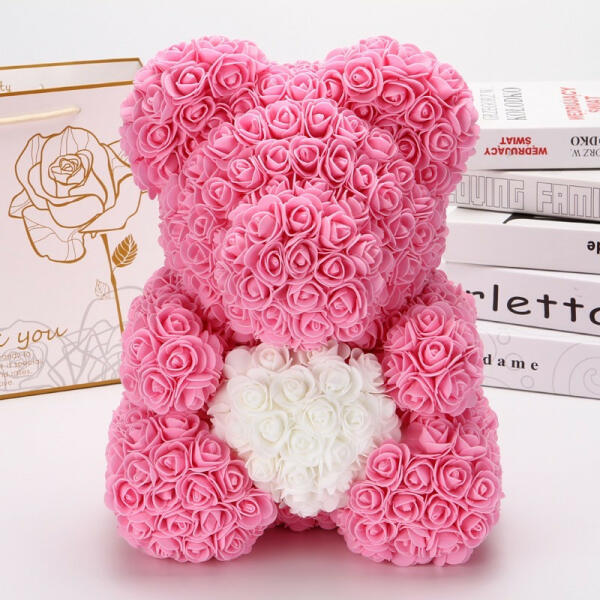 Aranjamente florale - Ursulet trandafiri de spuma cu inima, in cutie cadou  cu funda, 40 cm Pink (Flori) - Preturi