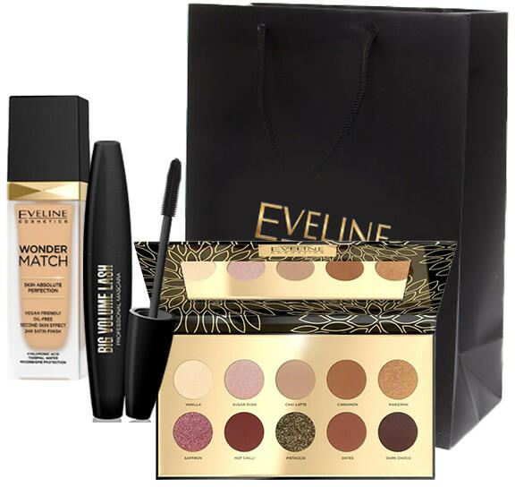 Eveline Cosmetics - Set Eveline paleta machiaje Spicy Cocoa 10 culori,  Mascara Big Volume Lash, Fond de ten Wonder Match Set 15 Natural (Pachete  de cadouri) - Preturi
