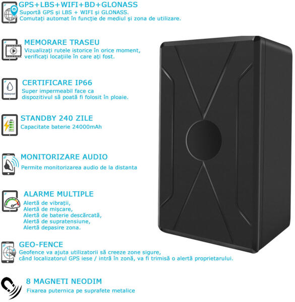 Tehnics Engineering Localizator GPS Auto Smart cu 8 Magneti, Autonomie 240  de Zile, Aplicatie iOS + Android, Istoric 3 Luni, Model GPS240SMART  (GPS240SMART) (Receptor GPS) - Preturi