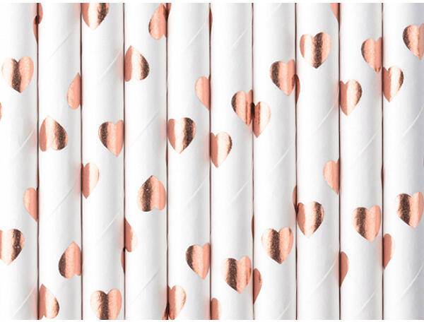 Szívószál papírból, rose-gold szívecskés, 10 db/ csomag