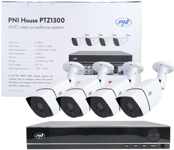 PNI Kit supraveghere video AHD PNI House PTZ1300 Full HD - NVR si 4 camere  exterior 2MP full HD 1080P (PNI-PTZ1300) - pcone (Recorder DVR si NVR) -  Preturi