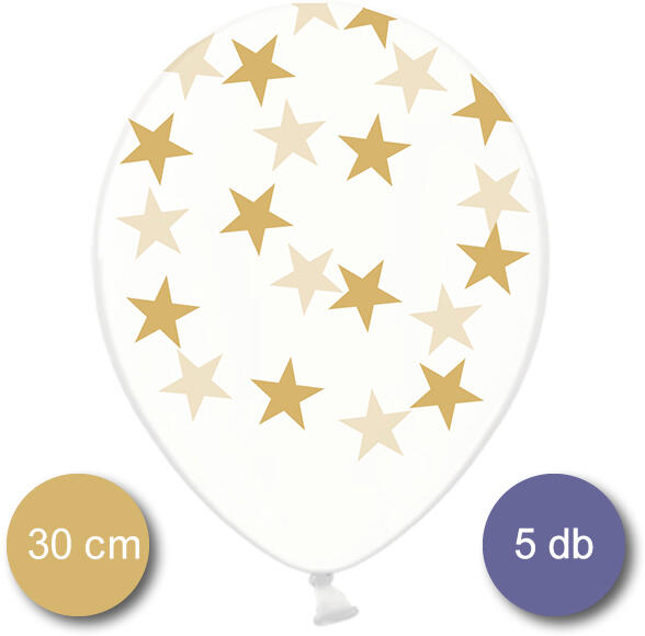 Léggömb, kristály, arany csillagokkal, 30cm, 5 db/cs