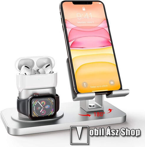 Vásárlás: 3 az 1-ben Apple Watch, Airpods és Iphone tartó asztali állvány /  dokkoló - műanyag, kábelelvezető, csúszásgátló, 180°-ban forgatható, 180 x  96 x 92mm, a töltők NEM TARTOZÉKOK! - EZÜST Sportóra,