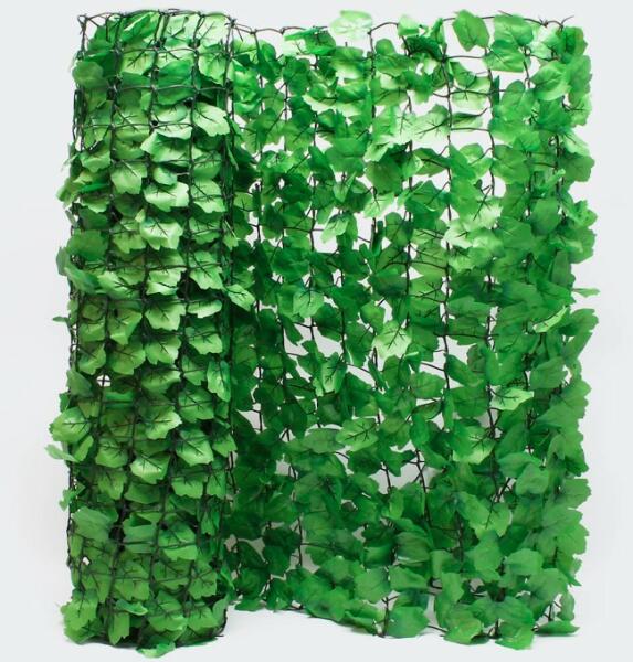 Erkélytakaró, kerítéstakaró belátásgátló egyszínű, zöld műsövény korlát  takaró háló élethű szőtt levelekkel 300x100 cm kerítésre, erkélyre levél  forma