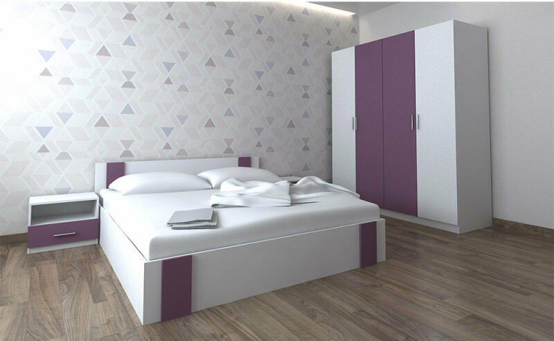 Ekomebel Set dormitor cu saltea Bora 160 cm alb si mov (Garnitura dormitor)  - Preturi