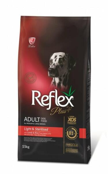 Reflex Plus Adult Dog Medium & Large Breeds Light & Sterilised - Пълноценна  нискокалорична храна за кастрирани кучета от средни и едри породи с агнешко  и ориз 15 кг Храна за кучета
